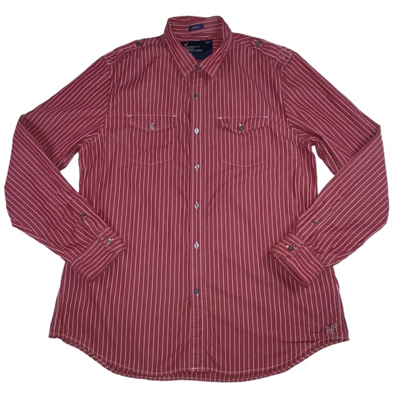 AMERICAN EAGLE Men’s XL Vintage Fit Red White Stripe Button Down Shirt - Picture 8 of 12